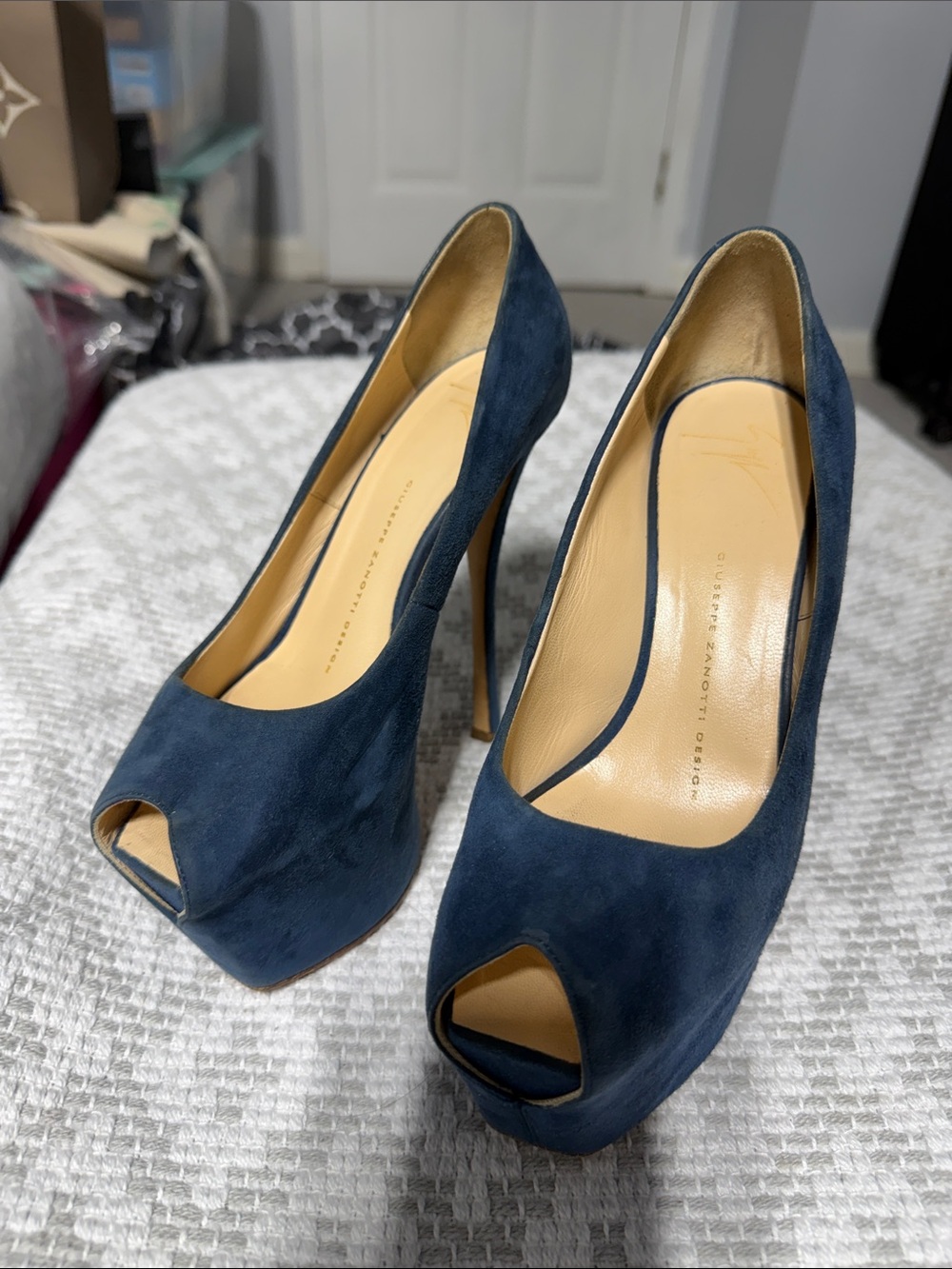 Giuseppe Zanotti Navy Suede Peep-Toe Platform Pumps
